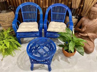 Blue 3 piece Cane Table and Chair set