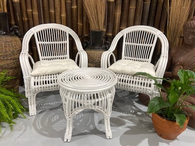 White 3 piece Cane Table and Chair set